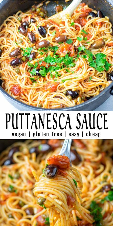 Filling and so easy: this Puttanesca sauce always hits the spot. Made with simple ingredients and rich in flavor. A keeper that the whole family will love for dinner, lunch, even meal prep and naturally vegan. #vegan #dairyfree #vegetarian #glutenfree #contentednesscooking #dinner #lunch #mealprep #puttanesca #20minutemeals Puttanesca Sauce, Vegan Pasta Recipes, Makanan Diet, God Mat, Vegan Pasta, Vegan Dinner Recipes, Spaghetti Squash, Vegan Dinners, Quick Dinner