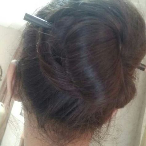 Bun With A Pencil, Pencil Bun, Hair Stick Hairstyles, Messy Hair Up, Coffee Brown Hair, Lemony Snicket, Office Siren, Modern Romance, Hair Stick