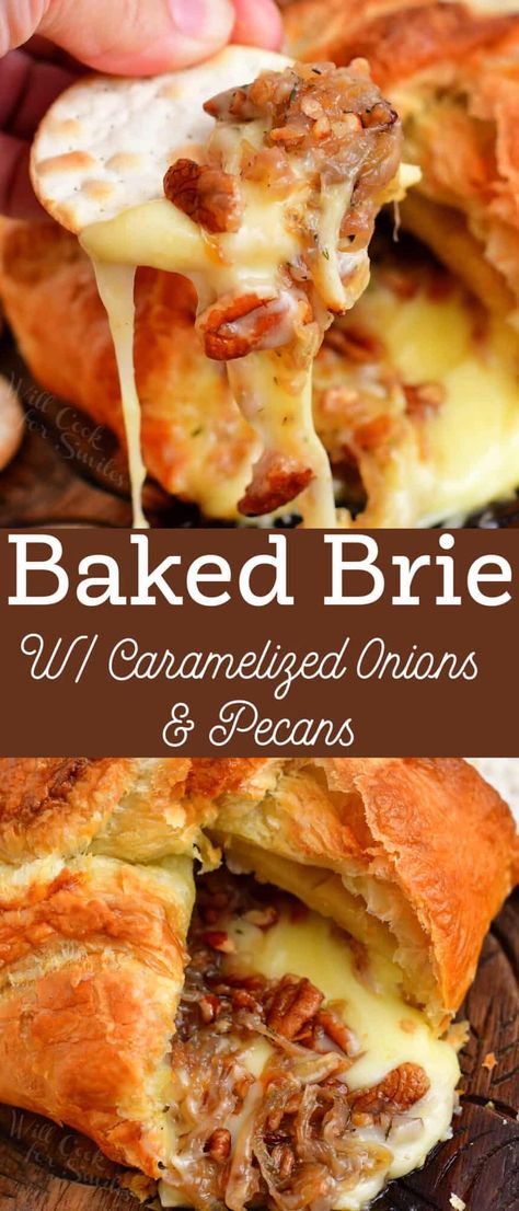 This baked brie recipe is amazing! It's creamy and decadent, complimented so well with caramelized onions and pecans. #appetizer #cheese #brie #bakedbrie #puffpastry #caramelizedonion Baked Brie In Puff Pastry, Brie In Puff Pastry, Brie Recipes Appetizers, Cheese Brie, Baked Brie Recipe, Baked Brie Recipes, Brie Puff Pastry, Baked Onions, Brie Recipes