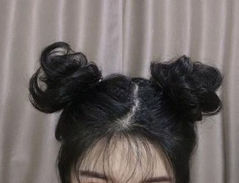 Mini Hair Buns, Wavy Hair Bun, 2 Buns Hairstyle, Demon Ocs, Clip Updo, Cat Ear Hair, Updo Messy, Black Bun, Edgy Girls