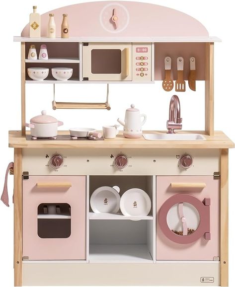 Cute Play Kitchen, Play Kitchen Set Up, Baby Kitchen Set, Toys Kitchen Set, Kitchen Toys For Kids, Pink Play Kitchen, Girls Kitchen Set, Wooden Kids Toys, Kitchen Set For Kids