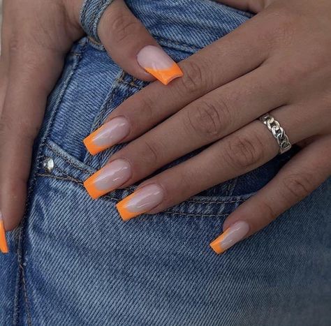 Summer Vibe Nails 2023, Neon Yellow And Purple Nails, Neon Orange And Blue Nails, Ombre Nails French, French Ombre Nails, Bright Orange Nails, Orange Ombre Nails, Neon Orange Nails, Orange Acrylic Nails