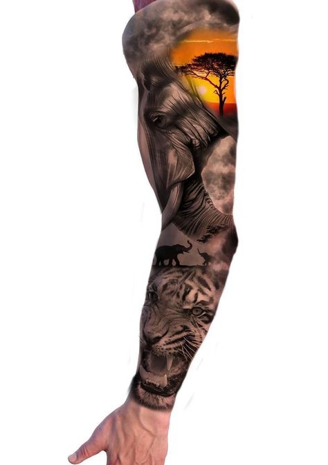 Safari Themed Tattoo Sleeve, Jungle Theme Tattoo Sleeve, Safari Tattoo, Mens Full Sleeve Tattoo, African Sleeve Tattoo, Animal Sleeve Tattoo, Animal Sleeve, Nature Tattoo Sleeve, Lion Tattoo Sleeves