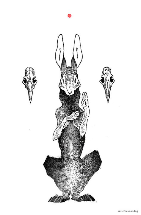 Jack Rabbit Tattoo, Dog Chasing Rabbit Tattoo, Dog And Rabbit Drawing, Stuffed Animal Drawing, Two Headed Rabbit, Two Headed Rabbit Drawing, Scary Rabbit Tattoo, Creepy Bird Drawing, Dog Ink Drawing