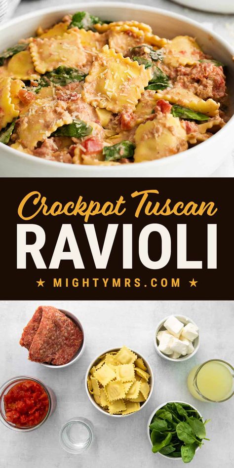 Spinach Ravioli Recipe Crockpot, Healthy Crockpot Sausage Recipes, Ravioli Bake Crockpot, Sausage And Ravioli Crock Pot, Spinach And Ravioli Recipe, Ravioli Lunch Ideas, Crockpot Ravioli With Spinach, Ravioli In The Crockpot, Crockpot Ravioli Soup