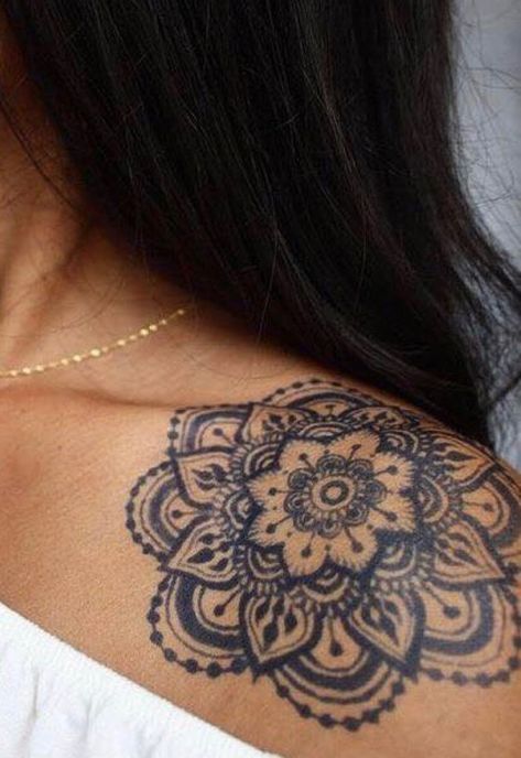 Sun Mandala Tattoo Shoulder, Mandela Tattoo Designs For Women, Mandala Shoulder Cap Tattoo, Lower Back Tattoo Cover Up Ideas, Women Half Sleeve Tattoo Classy, Medallion Tattoo, Hasma Tattoo, Shoulder Mandala, Henna Style Tattoos