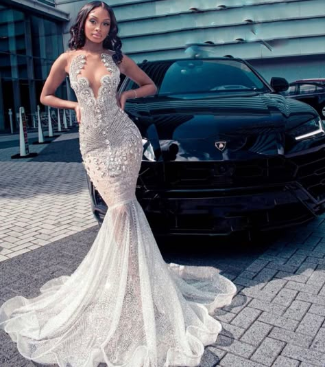 Silver Prom Looks, White And Silver Prom Dress, 2k24 Prom, Prom Cars, Diamond Prom Dresses, Prom 2k24, White Prom Dresses, Long Party Gowns, Prom Goals