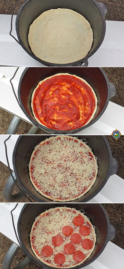 Dutch Oven Pizza Recipe - Simple Camping Recipe Campfire Dinner Recipes, Dutch Oven Pizza, Vegetarian Camping Recipes, Vegetarian Camping, Camp Cooking Recipes, Camping Dessert Recipes, Dutch Oven Camping Recipes, Camping Photos, Campfire Desserts