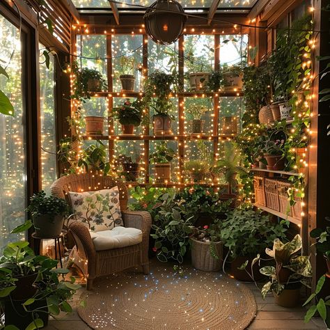 "Cozy Garden Nook: A #cozygarden nook adorned with #twinklinglights, #lushplants, and a #comfortable wicker chair.⬇️ Download and 📝 Prompt 👉 https://stockcake.com/i/cozy-garden-nook_1118672_803133" Sunroom Greenhouse, Garden Room Decor, Outdoor Reading Nooks, Moon Texture, Cozy Garden, Lush Plants, Garden Nook, Dog Light, Water Illustration