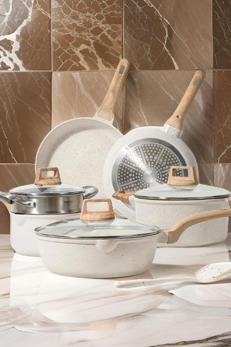 CAROTE Pots and Pans Set Nonstick, White Granite Induction Kitchen Cookware Set, 10 Pcs Non Stick Cooking Set w/Frying Pans & Saucepans(PFOS, PFOA Free) Luxury Cookware, Photography Reference, Kitchen Photography, Kitchen Cookware Sets, Saucepans, Frying Pans, Pots And Pans Sets, White Granite, Kitchen Pot