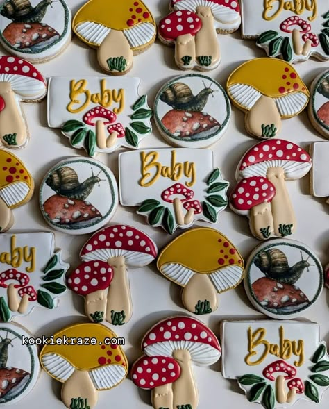 Enchanted Forest Cookies Decorated, Mushroom Baby Shower Cookies, Fungi Baby Shower Theme, Mushroom Baby Shower Cake, Mushroom Forest Baby Shower Theme, Gnome Baby Shower Ideas, Mushroom Gender Reveal, Mushroom Cookies Decorated, Mushroom Themed Baby Shower Ideas