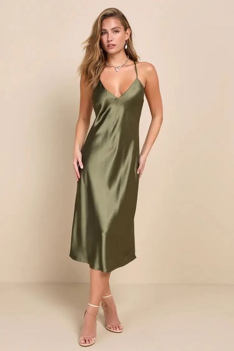 Olive Green Colour Trend 2024 - Runway and Shopping Inspiration Light Green Satin Dress Midi, Green Satin Dress Lulus, Green Satin Dress Black Shoes, Green Midi Dress Lulus, Midi Dress Casual Silk, Sage Green Dress Lulus, Jade Green Silk Dress, Sage Color Cocktail Dress, Midi Dress Formal Satin