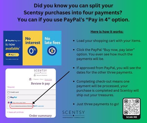 Do you suffer from L.S.S.L.S. - (Long Scentsy Shopping List Syndrome)? Maybe you just want budgeting help when it comes to getting some Scentsy treasures? When checking out, look for the “Pay in 4” checkout option when using PayPal. If approved, they will split your purchase into 4 interest-free, bi-weekly payments. Head on over to our website now, do you shopping, then look for the payment option at checkout. https://mebandgeo.scentsy.us #scentsy #paypal #PayPal Scentsy Paypal, Scentsy Oils, Scent Warmers, Scentsy Bars, Scentsy Consultant, Lucky Day, Wax Warmers, Natural Fragrances, Host A Party