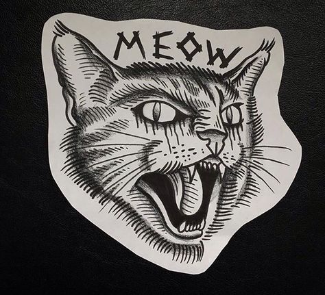 Super Detailed Tattoos, Cat Yawning Tattoo, Blackwork Cat Tattoo, Hissing Cat Tattoo, Punk Cat Tattoo, Angry Cat Tattoo, Trad Cat Tattoo, Traditional Black Cat Tattoo, Cat Flash Tattoo