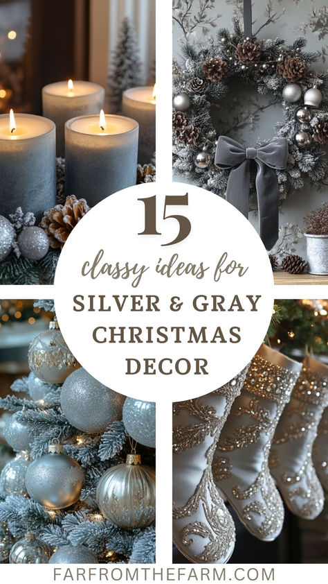 Silver Christmas Decor Ideas Silver And Grey Christmas Decor, Silver Branches Decor, Silver Christmas Ornaments Diy, Christmas Decor White And Silver, Gray Living Room Christmas Decor, Christmas Decor For Grey Living Room, Christmas Silver Decorations, Christmas Decor Ideas Silver, Silver Christmas Centerpieces