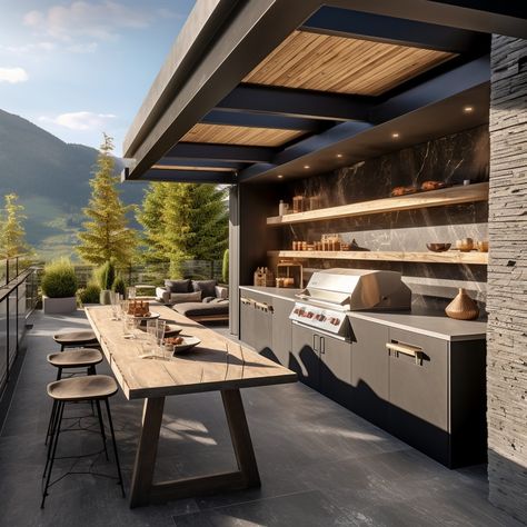 Modern summer kitchens in the mountains Rooftop Outdoor Kitchen, Barbacoa Exterior, Zona Bbq, Deck Pergolas, Rooftop Bbq, Summer Kitchens, Barbeque Design, Summer House Design, Pool Pavilion