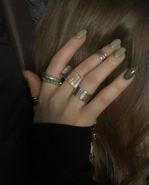 Painted Nails Aesthetic, Simple Grunge Nails, Nails And Rings, Dark Green Nails, Grunge Nails, Nail Ring, Soft Nails, Round Nails, Funky Nails