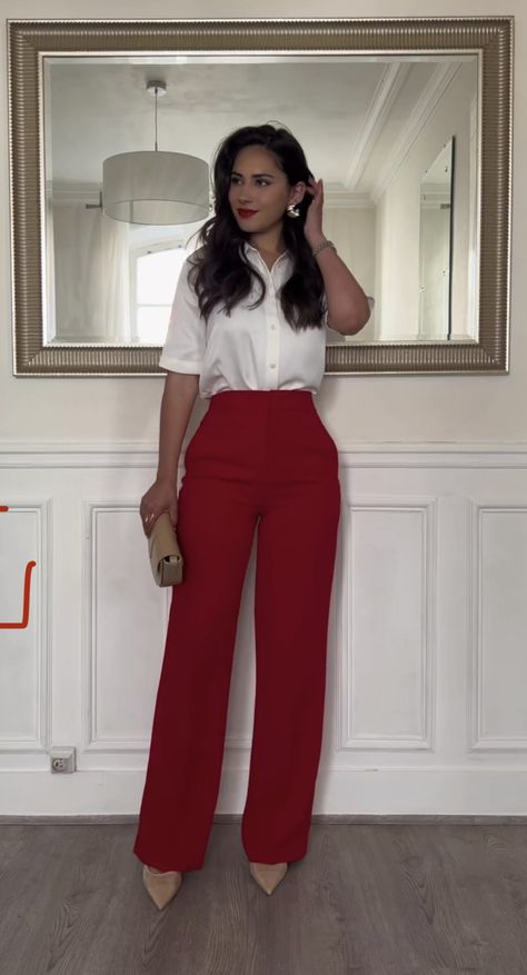 Red Outfit Office, Red Dress Pants Outfit Business Casual, White And Burgundy Outfit, Red Slacks Outfit, Slacks Aesthetic, Red Trousers Outfit, Slacks Outfit, Red Dress Pants, Meeting Outfit