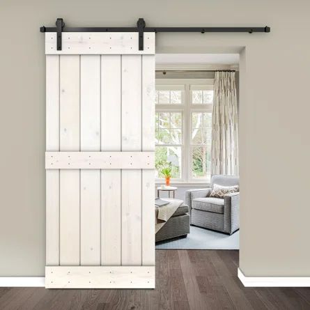 JM HOME Panel Wood Painted Barn Door with Installation Hardware Kit | Wayfair Double Sliding Barn Doors, Barn Door Installation, Bypass Barn Door, White Barn Door, Home Panel, Wood Barn Door, Barn Door Kit, Metal Barn, Double Barn Doors