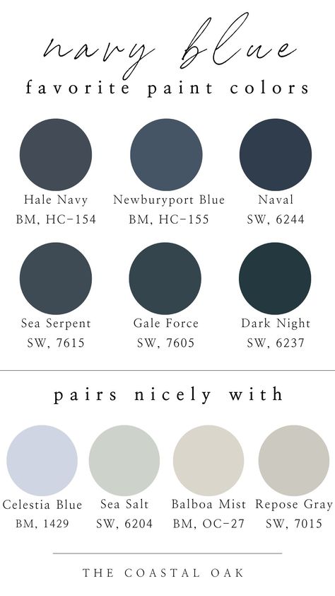 Paint Colors To Compliment Navy Blue, Neutral Blue Wall Color, Grey Navy Paint Color, Victorian Blue Paint Color, Dark Blue Paint Scheme, Dark Blue Interior Paint Colors, Colors That Go With Navy Blue Bedrooms Accent Walls, Coastal Dark Blue Paint, Deep Moody Blue Paint