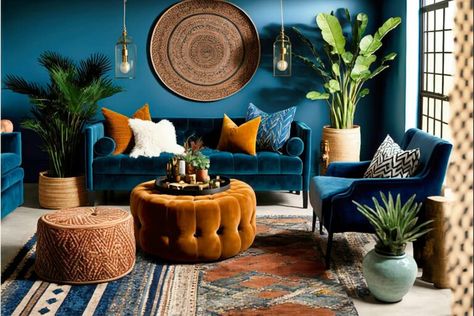 Vintage Moroccan Meets Modern Bohemian 1 Green Wall Eclectic Living Room, Blue And Green Eclectic Living Room, Blue Velvet Sofa Bedroom, Vintage Meets Modern Living Room, Jewel Toned Office Space, Teal And Mauve Living Room, Peacock Blue Walls Living Room, Nature Inspired Room Decor, Blue And Green Boho Living Room