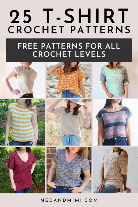 A crochet summer top or t-shirt is such a great project to try if you are looking to make your first garment. Many crochet top patterns feature a very simple construction, often as easy as making two rectangles and then seaming them together! In this list you’ll find some of my favorite crochet t-shirt patterns with free and easy-to-follow instructions. You’re guaranteed to find something to suit your own personal style and skill level – there really is something for everyone. Crochet Shirt Pattern Free Women, T Shirt Yarn Crochet Patterns Free, Crochet Shirts Free Pattern, Crochet Patterns Shirt, Crochet T-shirt, Easy Crochet Tops Free Patterns, Crochet T Shirt Pattern, Crochet Shirt Free Pattern, Crochet Top Pattern Summer