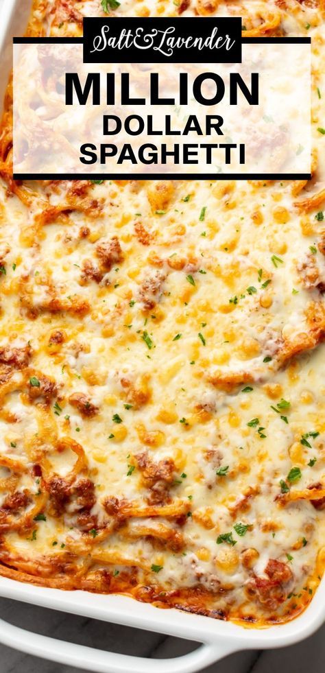 a baking dish with a pasta bake and text overlay that reads million dollar spaghetti Budget Friendly Meals For A Crowd, Low Carb Million Dollar Spaghetti, Easy Cheesy Spaghetti, The Best Million Dollar Spaghetti, Millionaire Pasta Bake, Pasta Recipes Lasagna, Healthy Million Dollar Spaghetti, Cheesy Spaghetti Casserole, Spaghetti Recipes For A Crowd