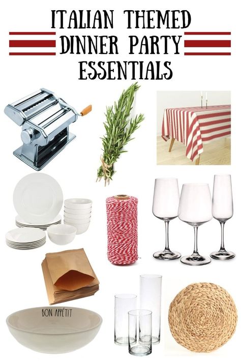 Italian Themed Dinner Party Essentials, Pasta Maker, Rosemary, Tablecloth, Red and White Ticking, White Tableware, Red and White Twine, Wine Glasses, Glassware, Rae Dunn, Pasta Bowls, Glass Vases, Chargers, Hyacinth Chargers, Decorations, Table Settings, Centerpieces, Invitations, Dessert and Flower. via @https://www.pinterest.com/onsummerhill/ Italian Themed Dinner Party, Italian Dinner Table, Italian Party Decorations, Italian Dinner Party Decorations, Paint Wedding, Dinner Party Essentials, Themed Dinner Party, Italy Party, Colourful Bathroom