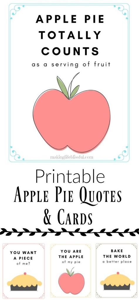 These apple pie printable quotes and cards would be cute decorations or gifts for fall or anytime! The funny quotes and colors are sure to brighten your day. Pie Printable, Pie Quotes, Kitchen Printables, Thanksgiving Pie, Pie Party, Secret Pal, Apple Season, How To Sing, Kitchen Quotes