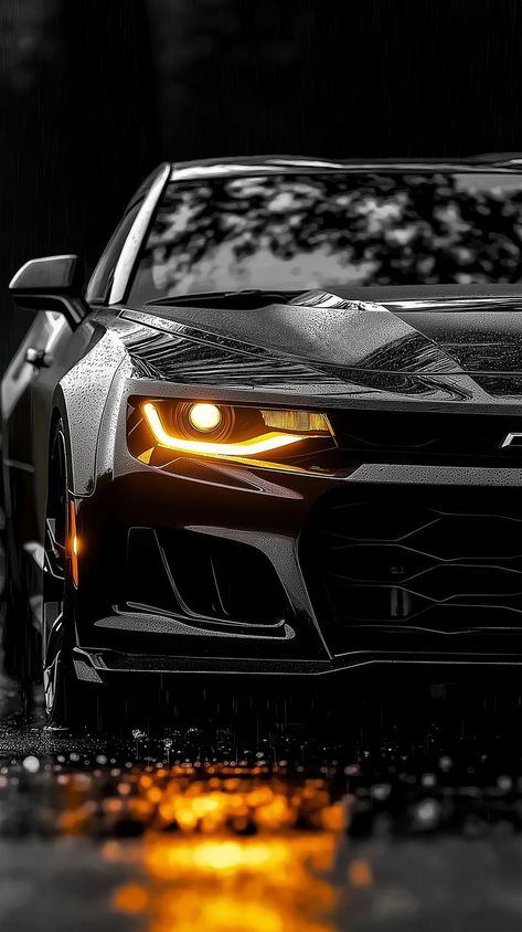 The wallpaper features a black Chevrolet Camaro ZL1 with its headlights illuminating the rain-soaked road. The car's aggressive stance and powerful lines are emphasized by the dark background and the glistening raindrops on its surface. The bright yellow headlights cut through the gloom, creating a sense of drama and mystery. Chevy Camaro Zl1 Wallpaper, Zl1 Camaro Wallpaper, Chevrolet Camaro Aesthetic, Black Camaro Wallpaper, Camaro Wallpaper Iphone, Black Car Wallpaper Iphone, Zl1 Wallpaper, Chevrolet Camaro Wallpapers, Black Chevrolet Camaro