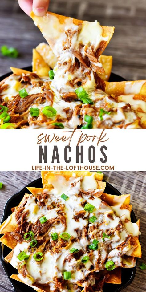 Sweet Pork Nachos - Life In The Lofthouse Sweet Pork Nachos, Pulled Pork Nachos Recipe, Pork Nachos Recipe, Life In The Lofthouse, Pulled Pork Nachos, Pork Nachos, Sweet Pork, Shredded Pork, Nachos Recipe