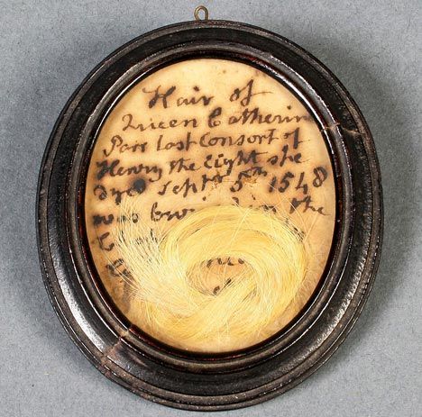 A Lock Of A Tudor Queens Hair. Hair of Queen Catherine Parr, Last Consort of Henry VIII. She died September 5th 1548. Purchased by the present owner of the home Catherine Parr was gifted by her husband. The lock of blonde hair is mounted in an oval frame on ink inscribed paper which states 'Hair of Queen Catherine Parr, Last Consort of Henry, the night she dyed September 5th 1548 was in the Chapel of Sudeley Castle, Near Winchcombe.' Tudor Hair, King Henry Viii Wives, Katherine Parr, Tudor Period, Catherine Parr, Wives Of Henry Viii, Tudor Dynasty, Hair Dyed, History Queen