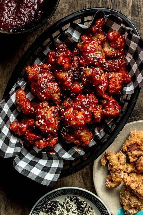 A simple and easy recipe for crispy bite-sized popcorn turkey tossed in a spicy, sweet and sticky gochujang sauce! Great as a snack or appetizer. #snack #crispysnack #appetizer #sponsored #thinkturkey Popcorn Turkey, Turkey Nuggets, Asian Potluck, Turkey Sauce, Fried Turkey Recipes, Dude Food, Chinese Foods, Gochujang Sauce, Fried Turkey