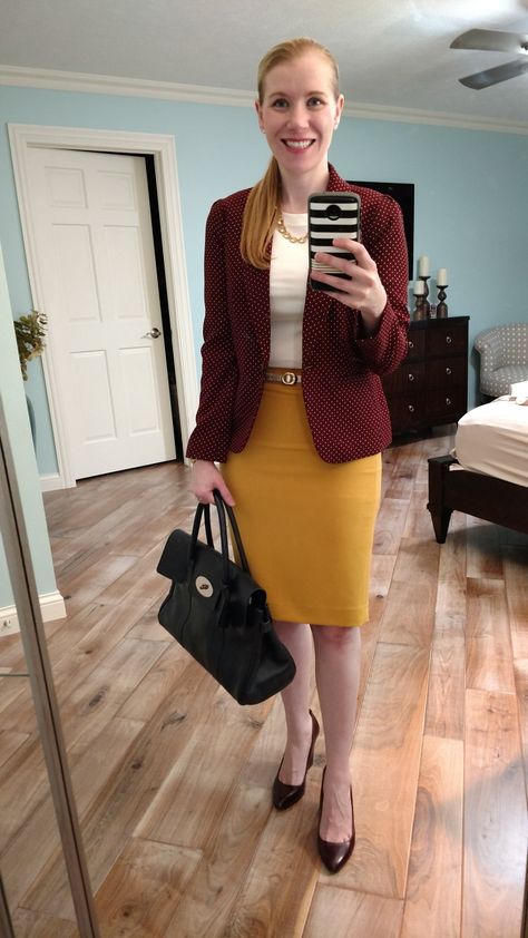 Mustard skirt and burgundy jacket Mustard Skirt Outfit, Mustard Dress Outfit, Burgundy Sweater Outfit, Outfit Maroon, Grown Style, Mustard Outfits, Mustard Yellow Skirts, Button Down Outfit, Riverside Cottage