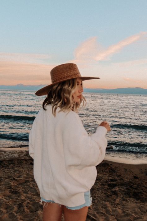 Lack of color hat with white sweater at the beach 🫶🏻 #laketahoe #sunsetbeach Lack Of Color Hat, Beaches Film, Lack Of Color, Beach Photoshoot, White Sweater, Beach Babe, Beach Vibe, Lake Tahoe, Beach Sunset