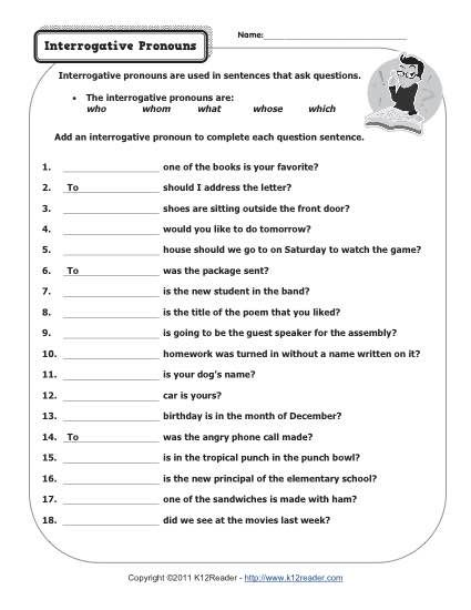 Add an interrogative pronoun to complete each question sentence. Interrogative Pronouns Worksheet, Pronoun Worksheet, Pronoun Grammar, English Pronouns, Pronouns Worksheet, Interrogative Pronouns, Relative Pronouns, Adjective Worksheet, Nouns And Pronouns