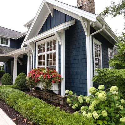 2018 Home A Rama People Choice - Farmhouse - Exterior - Indianapolis - by Kent Shaffer Builders, Inc. | Houzz Coastal Exterior Homes, Dark Blue House Exterior, Mediterranean Exterior Homes, Dark Blue Houses, Coastal Exterior, Shingle Roof, Transitional Exterior, Shake Siding, Exterior House Remodel