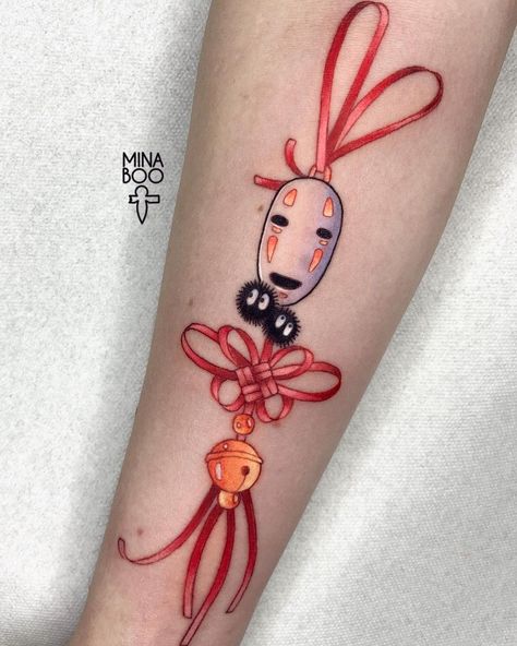 Mina on Instagram: “More omamori-charms ♥️ (I promise I’ll go back to anime-tattoos at some point heh) . . . . . . . . . #ghiblitattoo #noface #nofacetattoo…” Studio Ghibli Traditional Tattoo, Japanese Lucky Charm Tattoo, Suzume Tattoo, Japanese Charm Tattoo, Omamori Tattoo Design, Japan Traditional Tattoo, Omamori Tattoo, Japenses Tatoos Design, Belle Tattoo