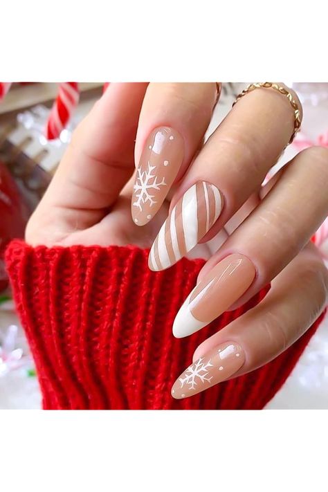 YOSOMK White Press on Nails Medium Almond Fake Nails with Snowflakes Design Winter French Tip Glossy Glue on Nails Glossy Acrylic Nails for Women Christmas French Tip, Nails Almond Medium, Nails With Snowflakes, Nails Acrylic White, Glossy Acrylic Nails, Nails Mirror, Nails With Chrome, Nails Medium Length Almond, White Press On Nails