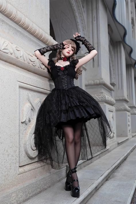 Black Elegant Bride Gorgeous Tea Party Gothic Lolita Tiered Dress – LolitaInside Kawaii Outfits, Black Ruffle Skirt, Lolita Outfits, Dark Rose, Goth Dress, Elegant Bride, After Life, Black Flare, Gothic Wedding