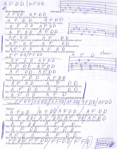 Heart Shaped Box (Nirvana) Guitar Chord Chart Heart Shaped Box Guitar Tab, Heart Shaped Box Music Video, Heart Shaped Box Lyrics, Nirvana Guitar Chords, Nirvana Guitar Tab, Heart Shaped Box Nirvana, Nirvana Guitar, Songs Guitar, Strumming Patterns