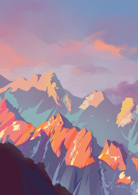 Mountain Art Wallpaper, Mountain Drawing Color, Sunlight Illustration, Iphone Wallpaper Landscape, Cool Backgrounds Wallpapers, Landscape Illustration, Digital Art Illustration, Environment Concept Art, Cool Backgrounds