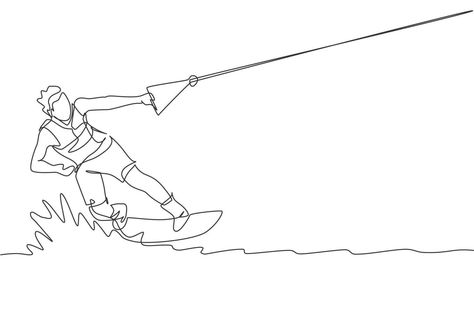 Single continuous line drawing of young sporty surfer man playing wakeboarding in the sea. Extreme dangerous sea sport concept. Summer holiday vacation. Trendy one line draw design vector illustration Wakeboard Tattoo, Surfer Drawing, Snowboard Tattoo, Surfer Painting, Sea Sports, Continuous Line Drawing, Pen Sketch, Sea Art, Continuous Line