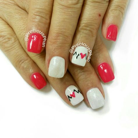 Nurse. Doctor. Heart nails. White and pink nails. #PreciousPhanNails Phlebotomist Nails, Nurse Graduation Nails, Nurses Nails, Nurse Nails Acrylic, Nurse Nail Designs, Medical Nails, Heart Nails White, Nursing Nails, Doctor Nails