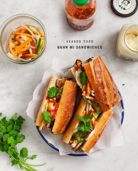 Seared Tofu Banh Mi Sandwiches Banh Mi Sandwich Recipe, Tofu Banh Mi, Seared Tofu, Banh Mi Recipe, Vietnamese Sandwich, Bahn Mi, Banh Mi Sandwich, Pickled Veggies, Vegan Sandwich