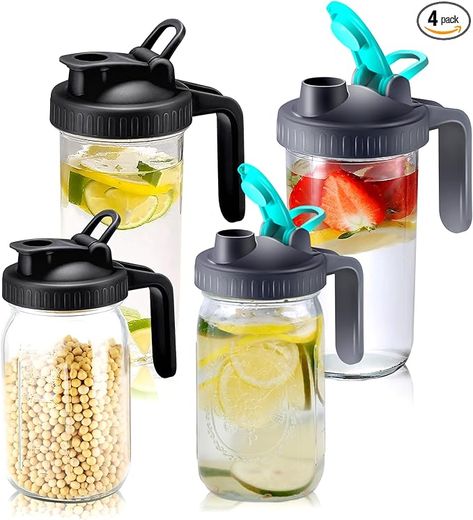 Amazon.com: Mason Jar Pour Spout Lids, 4 Pack Wide Mouth Mason Jar Lids with Handle, Plastic Leak Proof Seal Mason Jar Pour Spout Lid, Mason Jar Pitcher Lid, Mason Jar Lids with Pour Cap Spout (Jar Not Included): Home & Kitchen Mason Jar Gifts Recipes, Mason Jar Gifts Diy, Wide Mouth Mason Jars, Canning Lids, Mason Jar Gifts, Mason Jar Lids, Open When, Jar Gifts, Fermented Foods