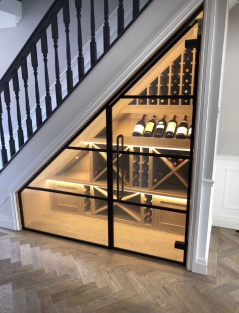 Wine Doors, Wine Cellar Closet, Bar Under Stairs, Under Stairs Space, Under Stairs Wine Cellar, Under Stairs Storage Ideas, Stairs Modern, Stairs Storage Ideas, Room Under Stairs