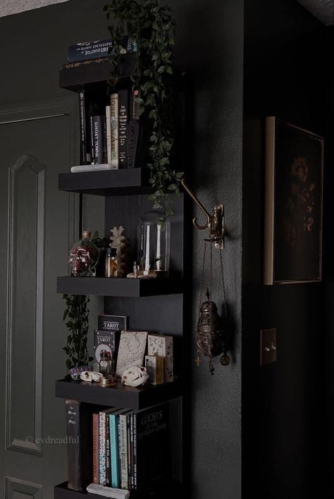 Oddities Room Aesthetic, Goth Aesthetic Interior, Chic Gothic Decor, Tarot Office Decor, Black Aesthetic Office, Goth Home Aesthetic Modern, Home Decor Ideas Dark Academia, Black Vintage Room Aesthetic, Gothic Reading Corner