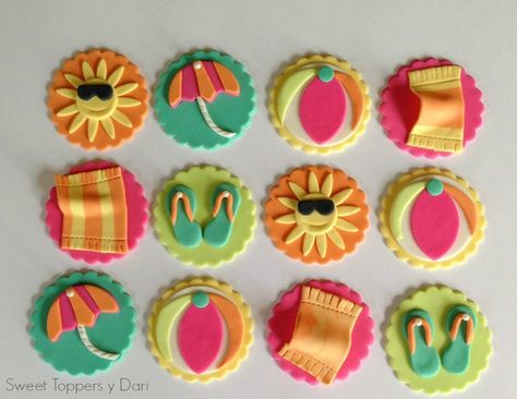 Children's Birthday Cakes - Pool/Beach party Cupcake Toppers Swim Party Cupcakes, Summer Themed Cupcakes, Pool Cupcakes, Beach Theme Desserts, Pool Party Treats, Beach Theme Cupcakes, Beach Cake Topper, Beach Cupcakes, Pool Party Cakes