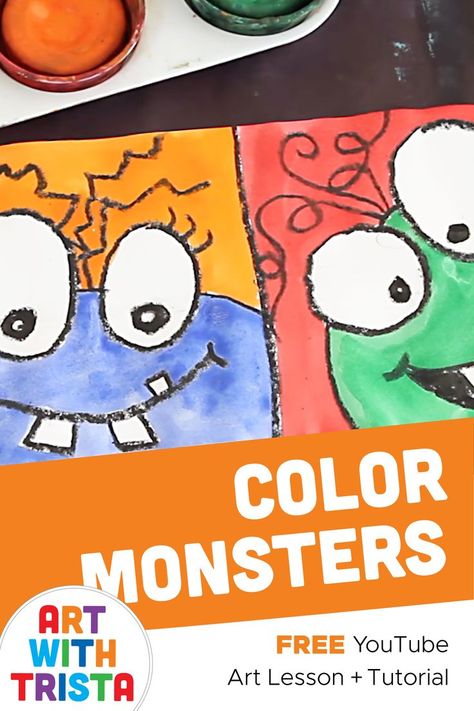 How to draw 3 different monsters with a black crayon using a technique called crayon resist to paint the negative space around the monster and the monster itself using a complementary pair of colors. Monster Tutorial Drawing, How To Draw Monsters Step By Step, Monsters Painting, Colorful Art Projects, Black Crayon, Color Unit, Monster Drawing, Elementary Art Projects, Video Art